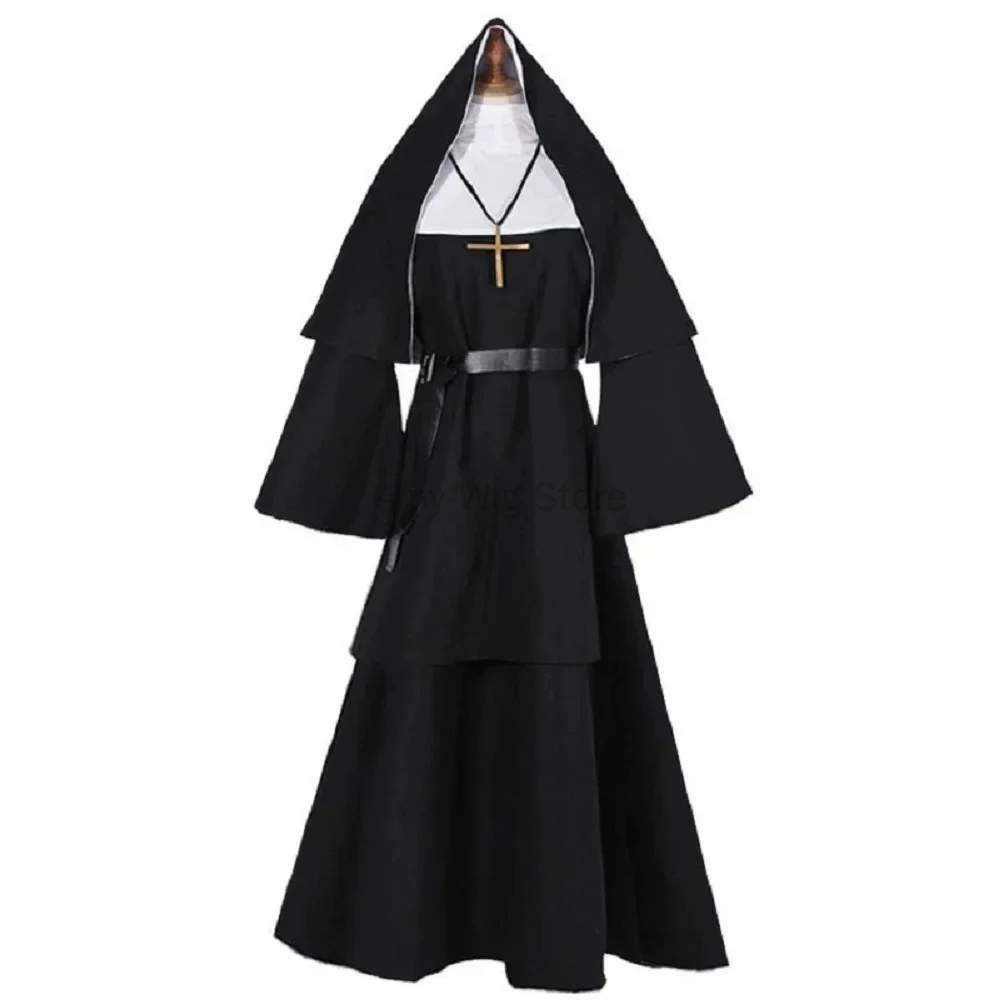 Anime Cosplay Nun - ชุดแม่ชีสำหรับผู้หญิง ชุดฮาโลวีนสุดหลอน ชุดแม่ชีไซส์ใหญ่สำหรับงานปาร์ตี้ ชุดคอสเพลย์นักบวชสำหรับผู้ชายและผู้หญิง ชุดเดรสยาวสำหรับผู้ใหญ่ ชุดผี