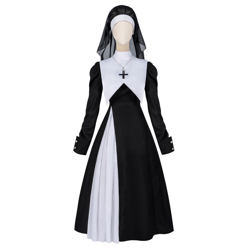 Anime Cosplay Nun - ชุดเดรสจีบสไตล์ยุโรปและอเมริกาสำหรับผู้หญิง ทรงเข้ารูป โชว์สัดส่วน ทรงแม่ชี แบบไขว้ คอสเพลย์สไตล์โกธิคสีเข้ม