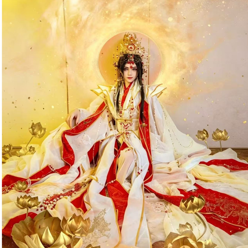 Anime Cosplay Costumes - ชุดคอสเพลย์ฮาโลวีนสไตล์โบราณแบบจีนโบราณ ชุดฮั่นฝูสีแดง ขาว ทอง ประดับมงกุฎ พร้อมเครื่องประดับเทพเจ้า